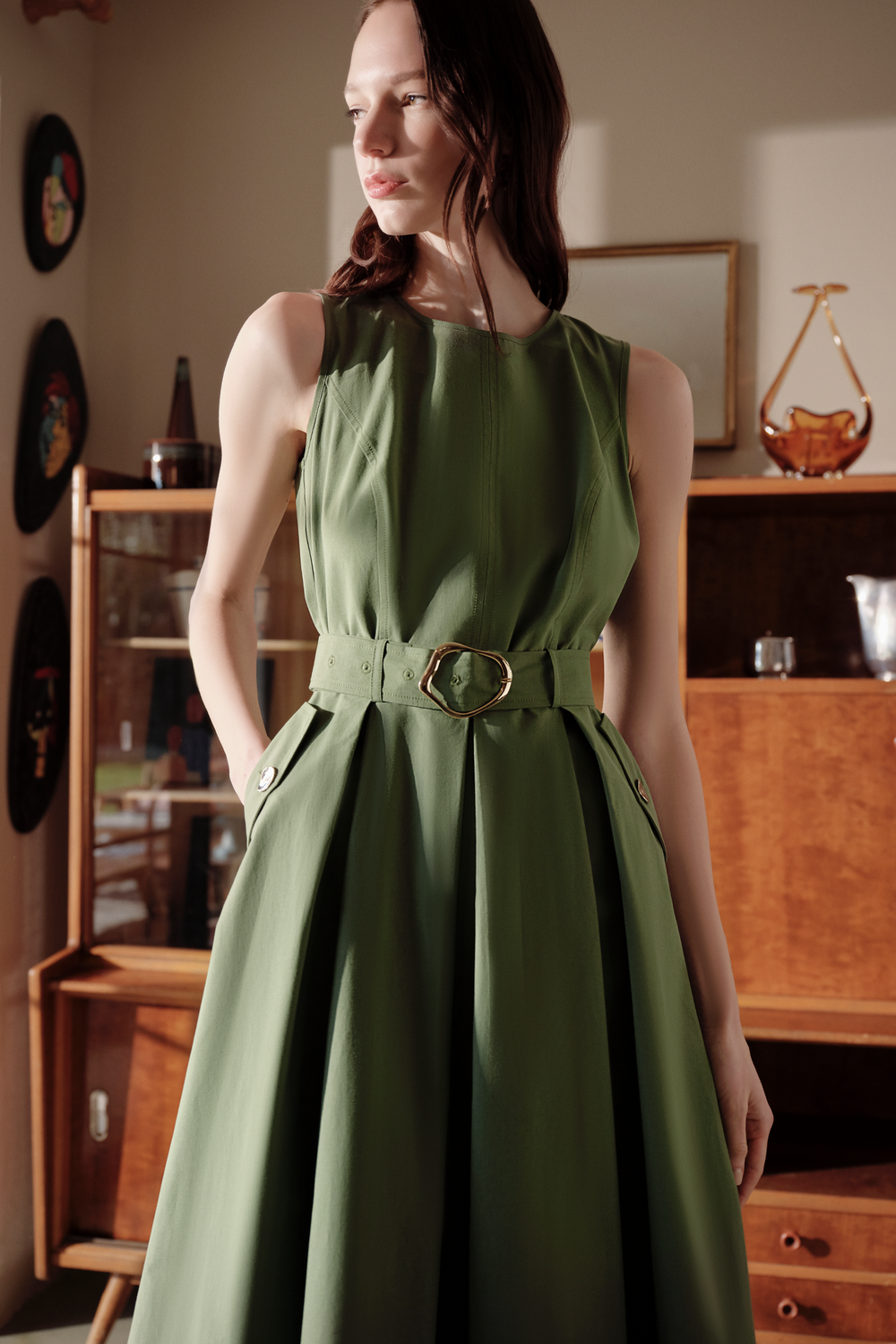 emerald green cocktail dress with wide belt Green Jacquard Fit and Flare Party Dress With Belt
