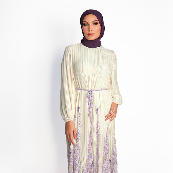 Hyacinth Patterned Pleated Chiffon Dress