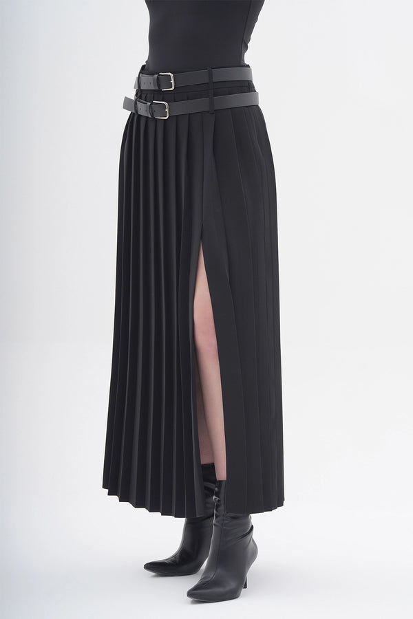 Double Belt Pleated Long Slit Skirt