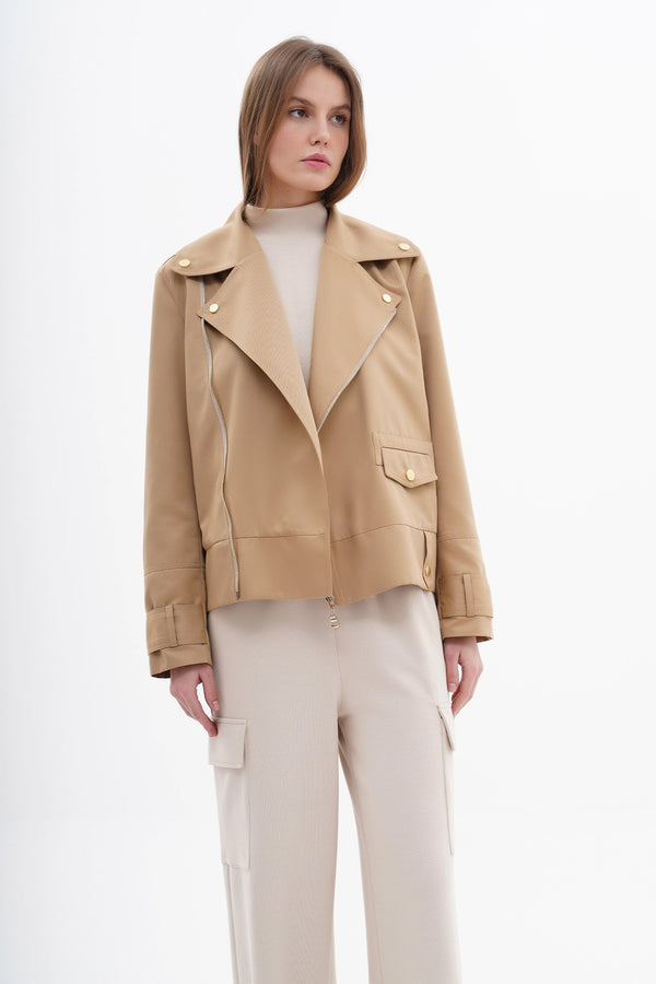 Short Zippered Jacket with Decorative Pockets